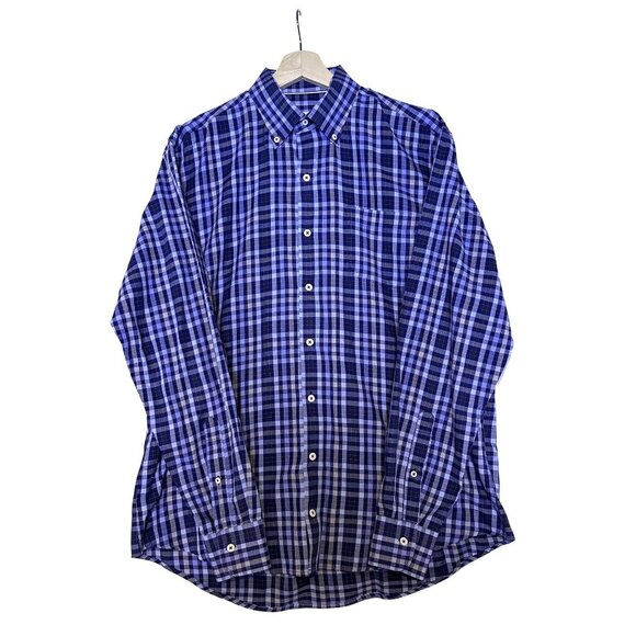 Peter Millar Men's Blue Plaid Cotton Button-Up Shirt Embroidered Logo Size Large - Picture 1 of 14
